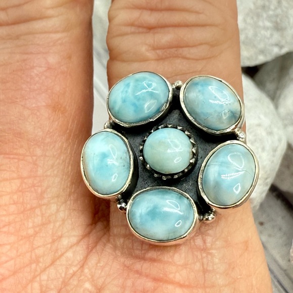 Sterling Silver Larimar Floral Cluster Ring Size 10 Boho Southwestern 925 - Picture 11 of 17